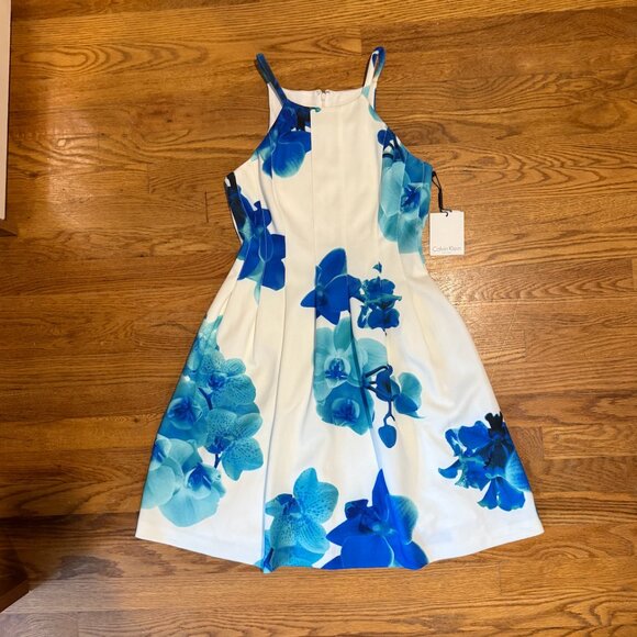 Calvin Klein White Halter Neck Dress w Pleating & Blue Details  | Size 8 Petite - Picture 1 of 3